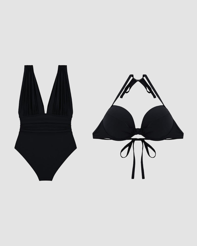 Shaping Swimsuit with Deep V-Neck and Halter Strap