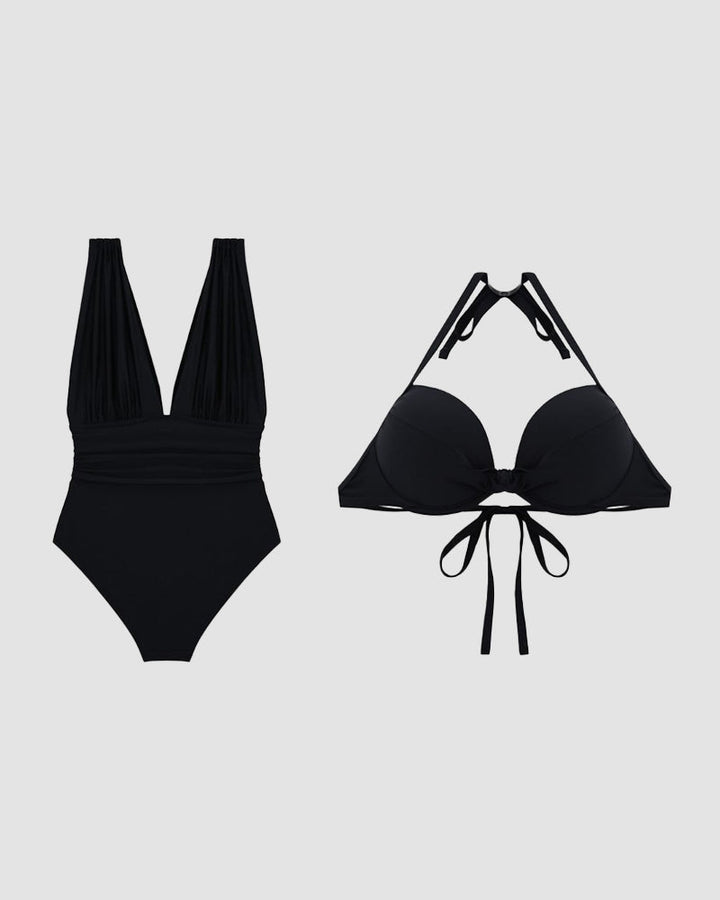 Shaping Swimsuit with Deep V-Neck and Halter Strap